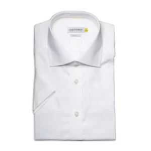 Camisa hombre J. HARVEST & FROST YB50 TWILL S/S SLIM 2905022, presentación plegada y detalle del cuello