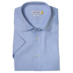 Camisa hombre J. HARVEST & FROST YB50 TWILL S/S SLIM 2905022, presentación plegada y detalle del cuello