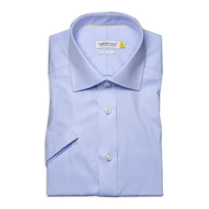 Camisa hombre J. HARVEST & FROST YB50 TWILL S/S SLIM 2905022, presentación plegada y detalle del cuello