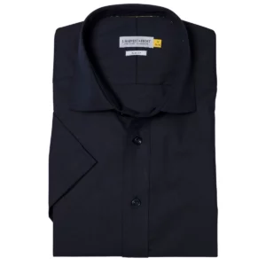 Camisa hombre J. HARVEST & FROST YB50 TWILL S/S SLIM 2905022, presentación plegada y detalle del cuello