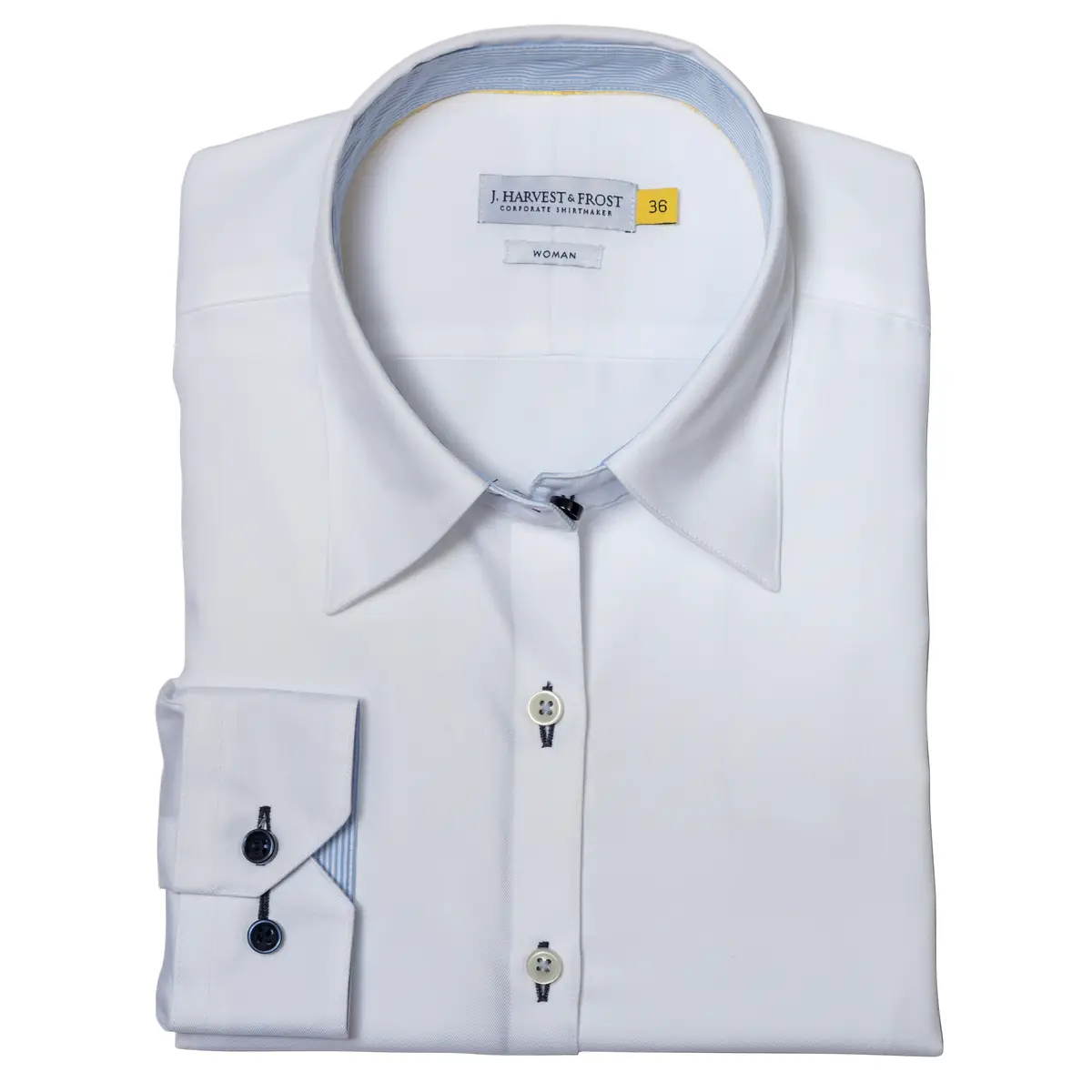 Camisa mujer J. HARVEST & FROST YB51 TWILL WOMAN 2905103 2 Camisa mujer J. HARVEST & FROST YB51 TWILL WOMAN 2905103, presentación plegada y detalle del cuello