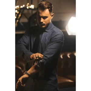Camisa hombre J. HARVEST & FROST PB143 TWILL SLIM 2914302, Indigo paisley, detalle con modelo