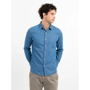Camisa de hombre James Harvest Sayville Shirt 2113046, tejano, con modelo, vista frontal