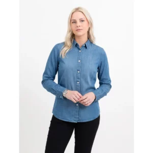 Camisa de mujer James Harvest Sayville Shirt W 2123036, Tejano, con modelo, vista frontal