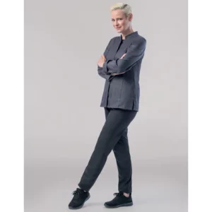 Chaqueta de cocina de mujer Leiber 08/1388 gris jeans, vista frontal con modelo
