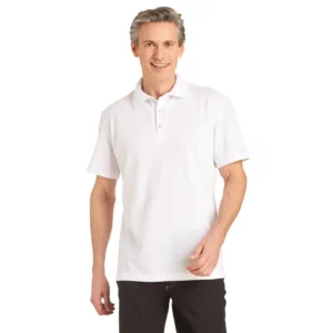 Polo HACCP unisex Leiber 08/2516 blanco, vista frontal con modelo de hombre