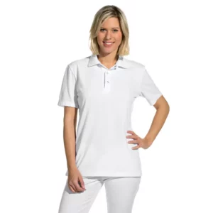 Polo HACCP unisex Leiber 08/2516 blanco, vista frontal con modelo de mujer