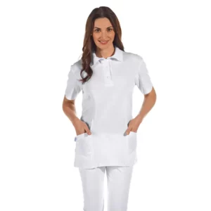 Casaca tipo polo de mujer Leiber 08/2546 blanco, vista frontal con modelo