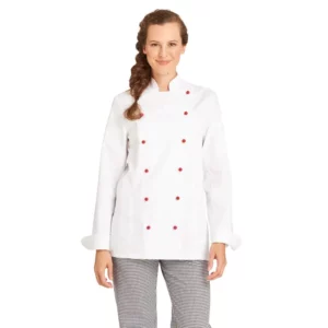 Chaqueta de cocina de mujer Leiber 08/572 blanca, vista frontal con modelo