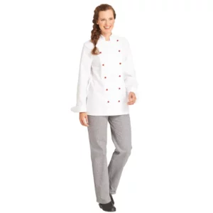 Chaqueta de cocina de mujer Leiber 08/572 blanca, vista de cuerpo entero con modelo