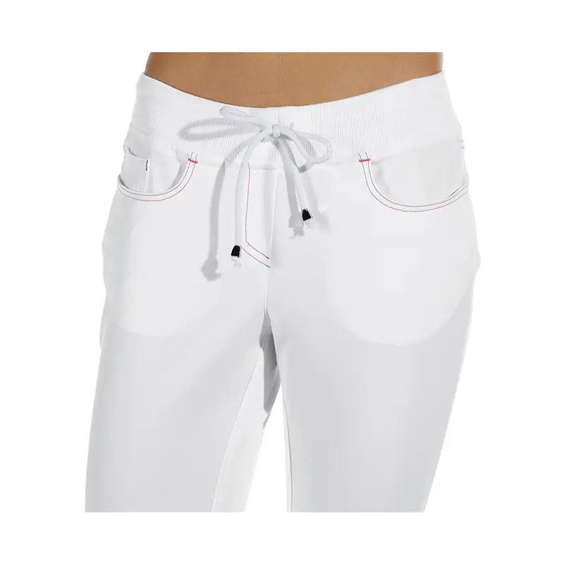 Pantalón sanitario de mujer Leiber 08/7101 2 Pantalón de mujer Leiber 08/7101 blanco/rosa intenso, detalle de cintura y bolsillos