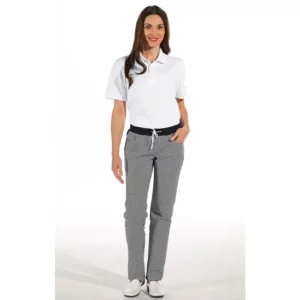 Pantalón de cocina de mujer Leiber 08/7221 blanco y negro, vista frontal con persona