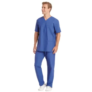 Casaca sanitaria unisex Leiber 08/769 en azul royal, vista frontal con modelo