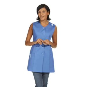 Casaca larga sin mangas Leiber 09/1246 azul caribeño, frontal con modelo