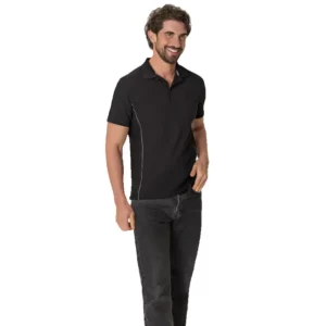 Polo de manga corta Leiber 10/2092 negro con costuras blancas, frontal con modelo