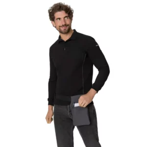 Polo de manga larga Leiber 10/2093 negro con costuras blancas, frontal con modelo
