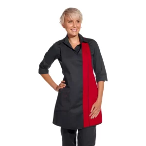 Delantal de peto de mujer Leiber 11/2540 negro/rojo, frontal sobre modelo