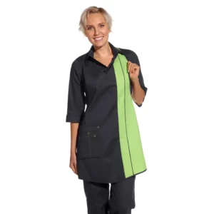 Delantal de peto de mujer Leiber 11/2540 en negro y verde claro, frontal sobre modelo