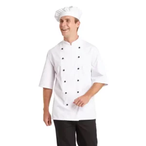 Chaqueta de cocina unisex Leiber 12/1094 blanco, puesta en modelo, vista frontal con botones oscuros