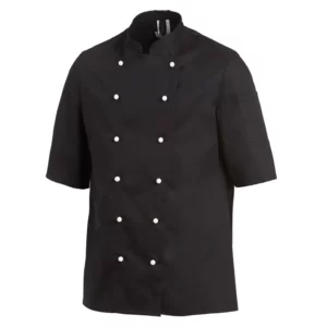 Chaqueta de cocina unisex Leiber 12/1094 negro, vista frontal de la prenda con botones claros