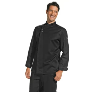 Chaqueta de cocina Leiber 12/2444 negro, vista tres cuartos puesta en modelo