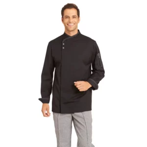 Chaqueta de cocina Leiber 12/2444 negro, vista frontal puesta en modelo