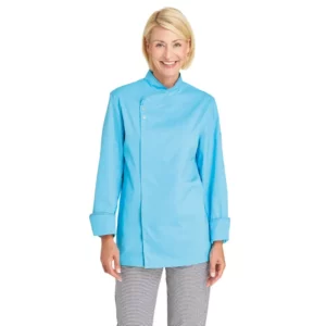 Chaqueta de cocina Leiber 12/2444 turquesa, vista frontal puesta en modelo