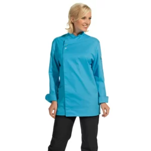 Chaqueta de cocina Leiber 12/2444 turquesa, vista tres cuartos puesta en modelo