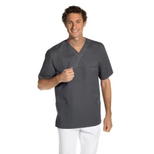 Casaca sanitaria unisex Leiber 12/2451 antracita, puesta en hombre de frente, mano junto al cuello