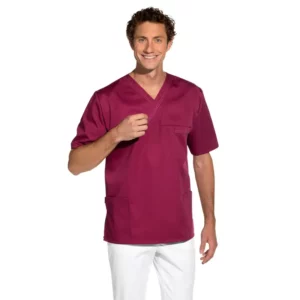 Casaca sanitaria unisex Leiber 12/2451 cereza, puesta en hombre de frente