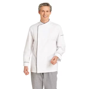Chaqueta de cocina unisex Leiber 12/2598 blanco/negro, frontal sobre modelo