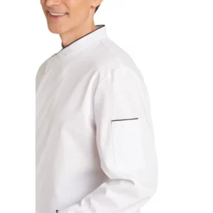Chaqueta de cocina unisex Leiber 12/2598 blanco/negro, detalle de manga y ribete