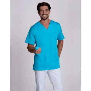 Casaca sanitaria de hombre Leiber 12/2728 turquesa, vista frontal con modelo