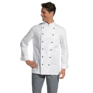 Chaqueta de cocina unisex Leiber 12/2840 blanca con botones negros, vista frontal con modelo
