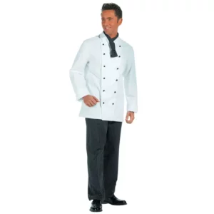 Chaqueta de cocina unisex Leiber 12/5513 blanca con botones negros, frontal con modelo