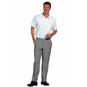 Pantalón de cocina unisex Leiber 12/5550 de pata de gallo blanco y negro, vestido por modelo