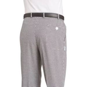 Pantalón de cocina unisex Leiber 12/5550 de pata de gallo blanco y negro, detalle posterior