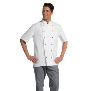 Chaqueta de cocina unisex Leiber 12/5560 blanca con botones rojos, vista frontal con modelo
