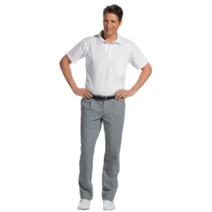 Pantalón de cocina unisex Leiber 12/5730 de pata de gallo blanco y negro, modelo vistiendo el pantalón