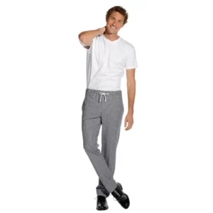 Pantalón de cocina unisex Leiber 12/6940 de pata de gallo blanco y negro, frontal con modelo