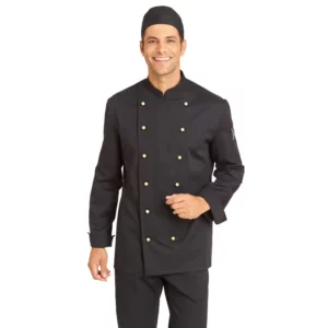 Chaqueta de cocina Leiber 12/8790 negro, vista frontal puesta en modelo