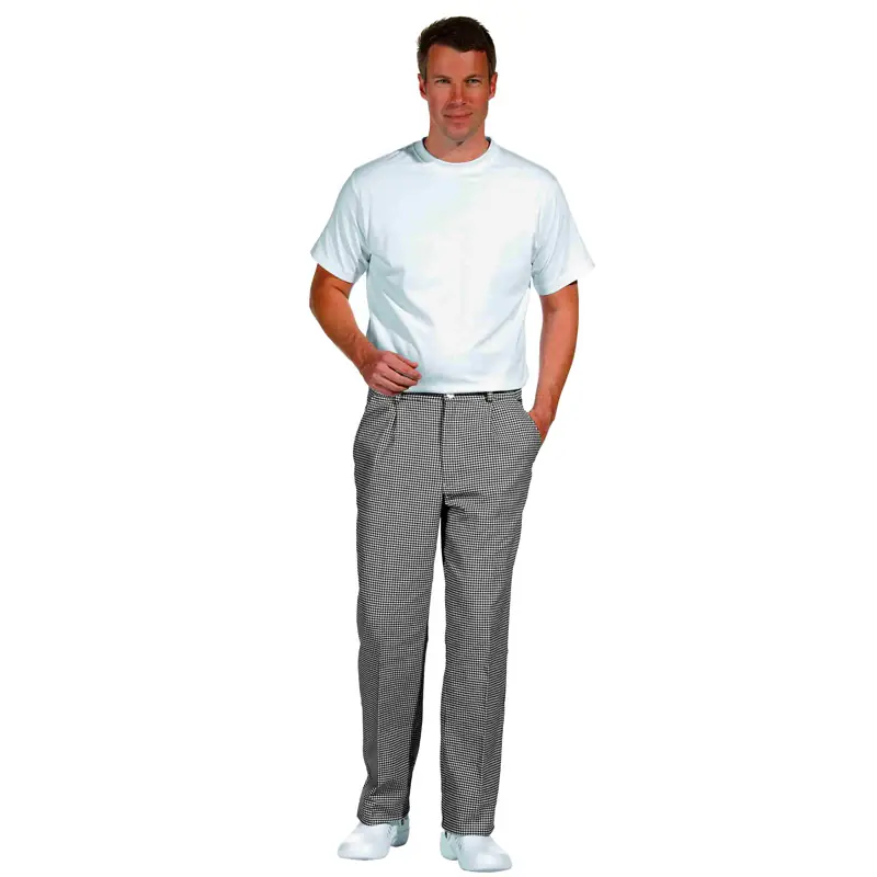 Pantalón de cocina unisex Leiber 12/8800 1 Pantalón de cocina unisex Leiber 12/8800 de pata de gallo blanco y negro, modelo vistiendo el pantalón