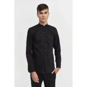 Camisa Cuello Mao Slim Fit Monza 02139 en negro, vista frontal