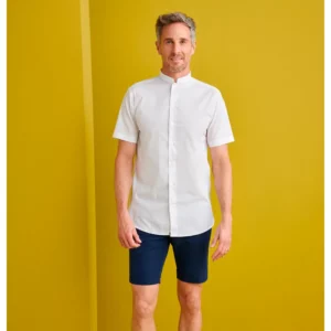 Camisa Manga Corta Cuello Mao Slim Fit Monza 02140 en blanco, vista frontal