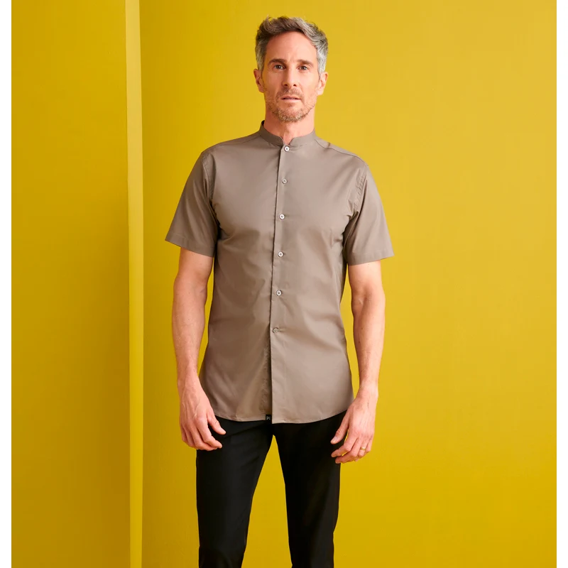 Camisa Manga Corta Cuello Mao Slim Fit Monza 02140 7 Camisa Manga Corta Cuello Mao Slim Fit Monza 02140 en visón, vista frontal