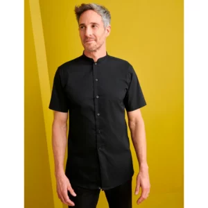 Camisa Manga Corta Cuello Mao Slim Fit Monza 02140 en negro, vista frontal
