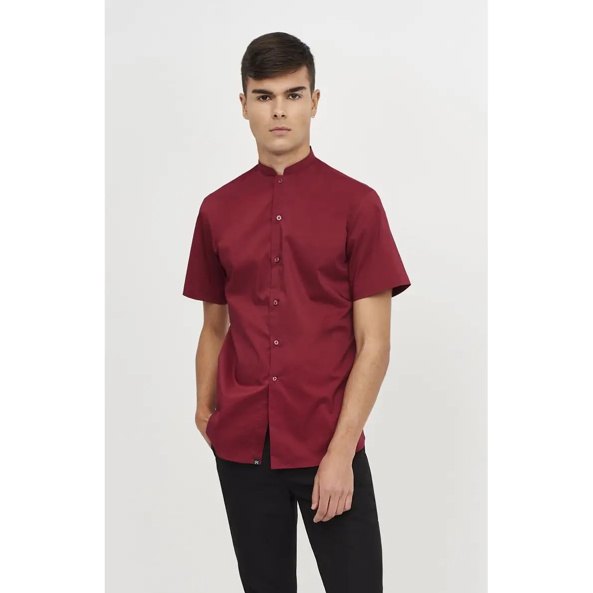 Camisa Manga Corta Cuello Mao Slim Fit Monza 02140 5 Camisa Manga Corta Cuello Mao Slim Fit Monza 02140 en granate, vista frontal