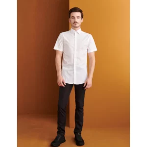 Camisa Manga Corta Cuello Italiano Slim Fit Monza 02142 en blanco, vista frontal