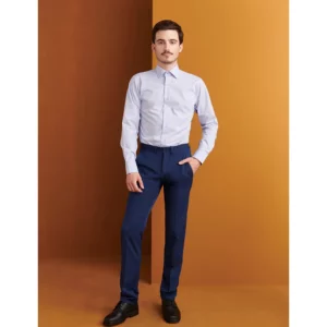 Camisa Estampada Cuello Italiano Slim Fit Monza 02144 en estampado raya topo azul, vista frontal