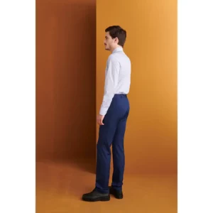 Camisa Estampada Cuello Italiano Slim Fit Monza 02144 en estampado raya topo azul, vista lateral